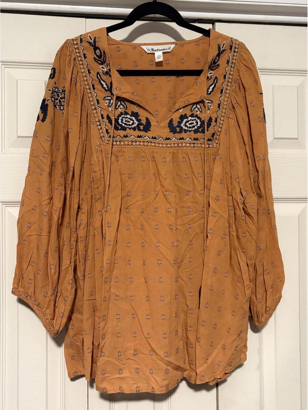 Tantrums Blouse Womens XXL Mustard Embroidered Boho Peasant Tassel Folk Top - Picture 2 of 10